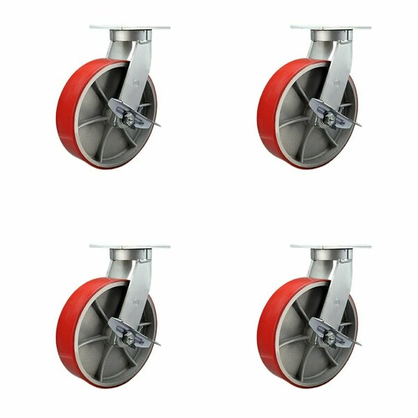 Service Caster 10'' Heavy Duty Red Poly on Cast Iron Caster Set with Brake and Swivel Lock, 4PK CRAN-SCC-KP92S1030-PUR-RS-SLB-BSL-4